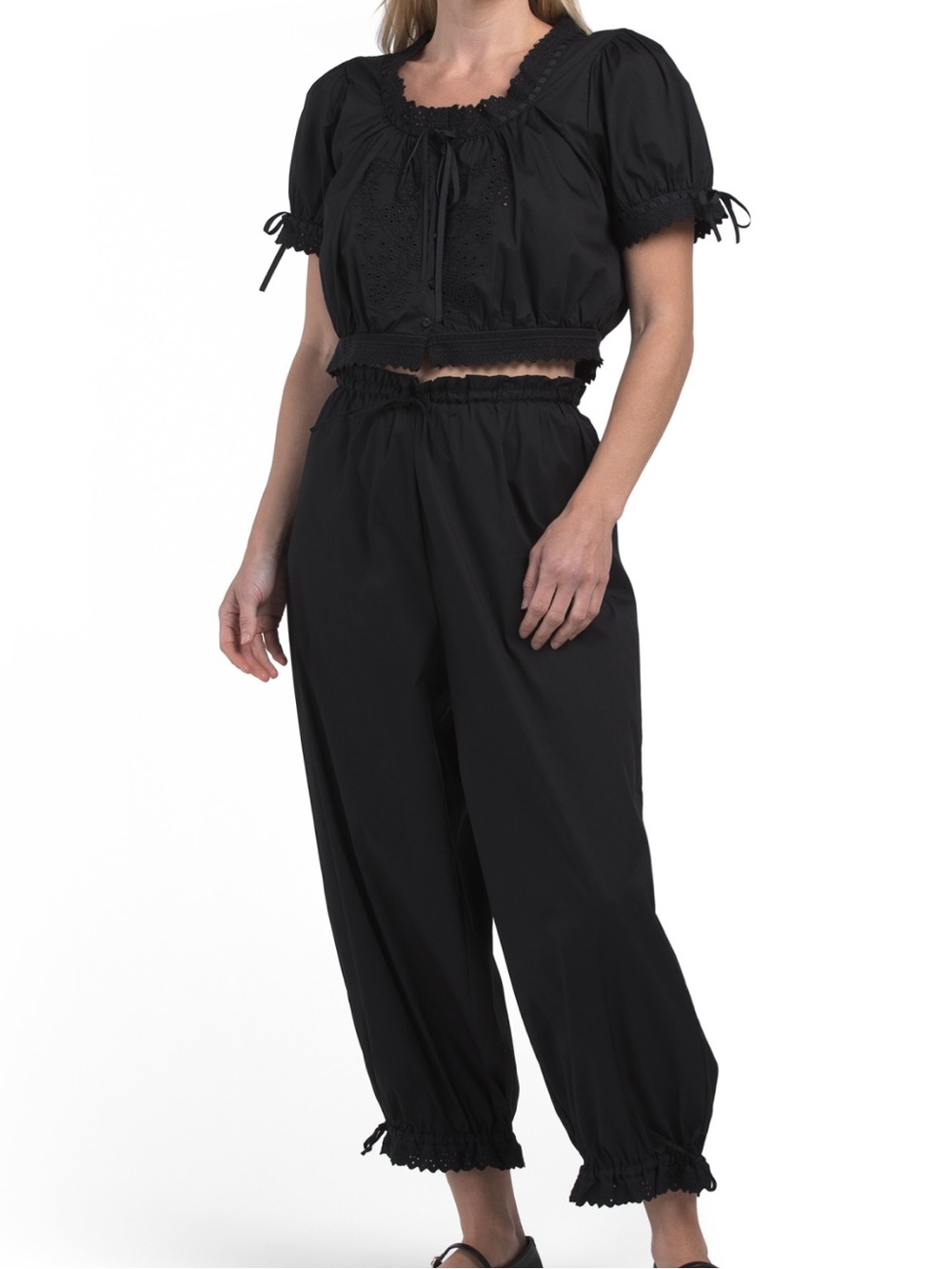 House of Harlow 1960 Black Eyelet Crop Top & Drawstring Pants Set